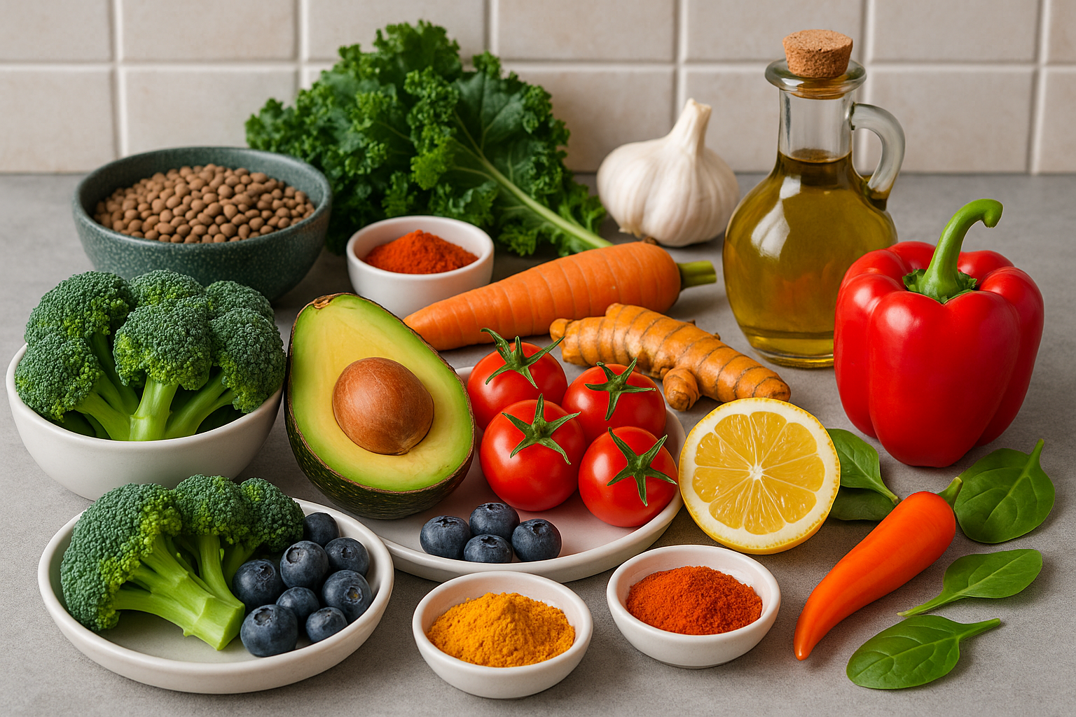 Ingredientes anti-inflamatórios coloridos em bancada de cozinha